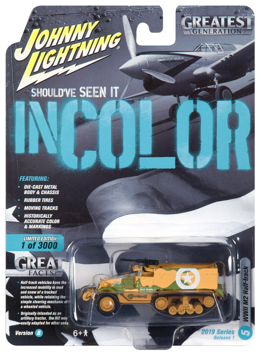 Model kit box art showing a WWII M2 Half-track vehicle for Johnny Lightning JLML004