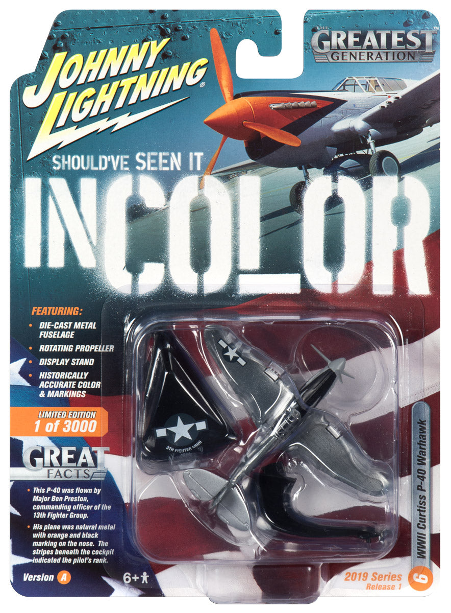 Model kit display featuring a painted P-40 Warhawk aircraft for Johnny Lightning JLML004