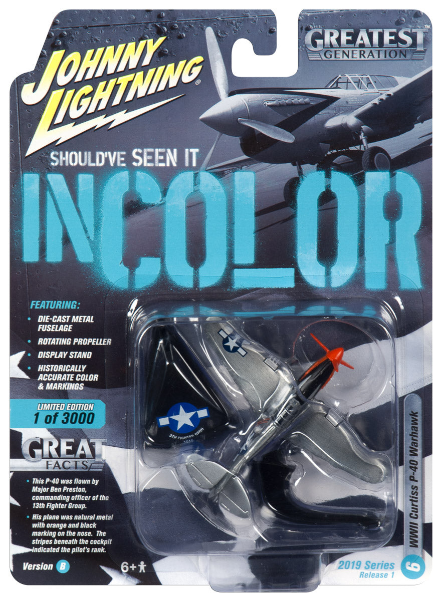 Model airplane set featuring a detailed, colored model of a WWII Curtiss P-40 Warhawk for Johnny Lightning JLML004