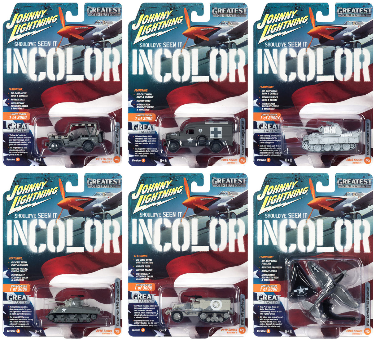 Die-cast model car set featuring WWII vehicles in various poses for Johnny Lightning JLML004
