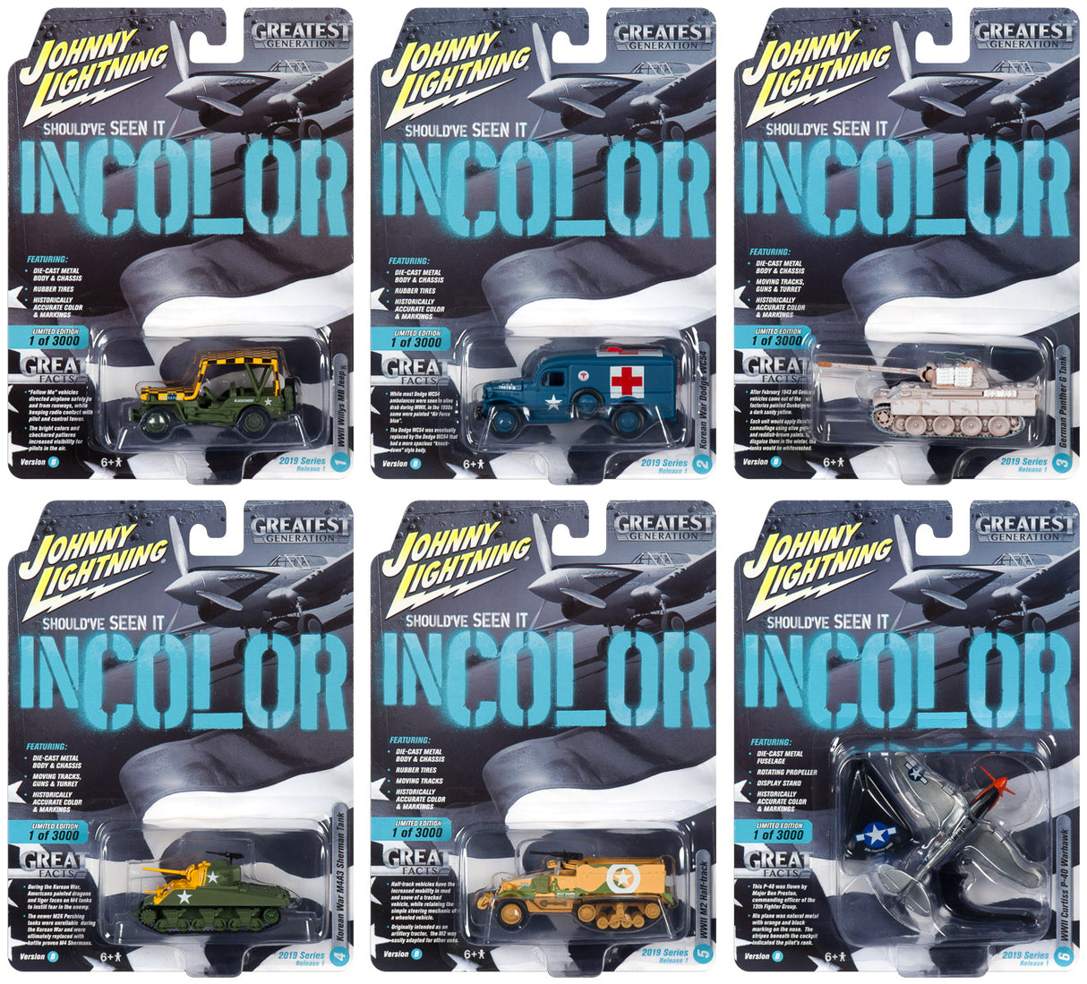 Die-cast model car set featuring various historical vehicles for Johnny Lightning JLML004