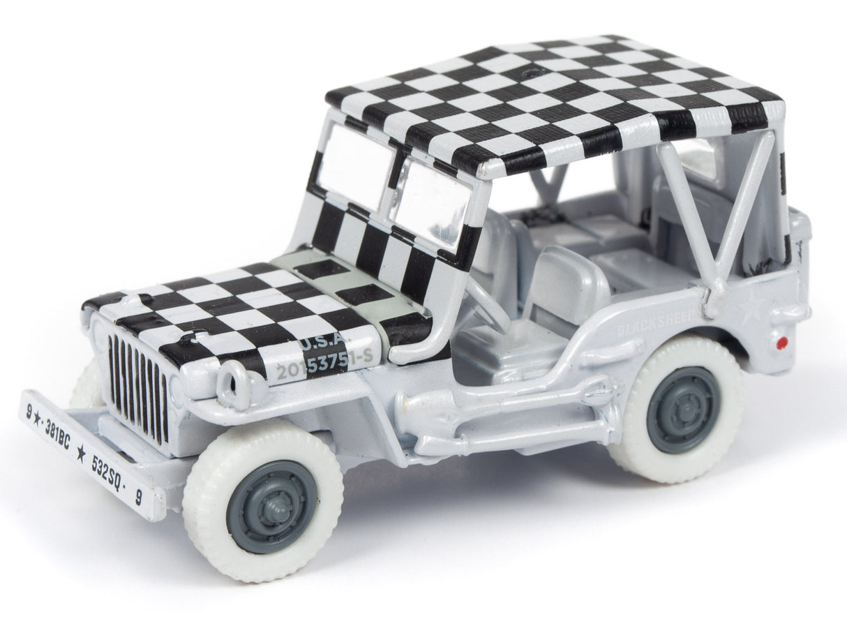 Die-cast model of a vintage checkered race car for Johnny Lightning JLML004