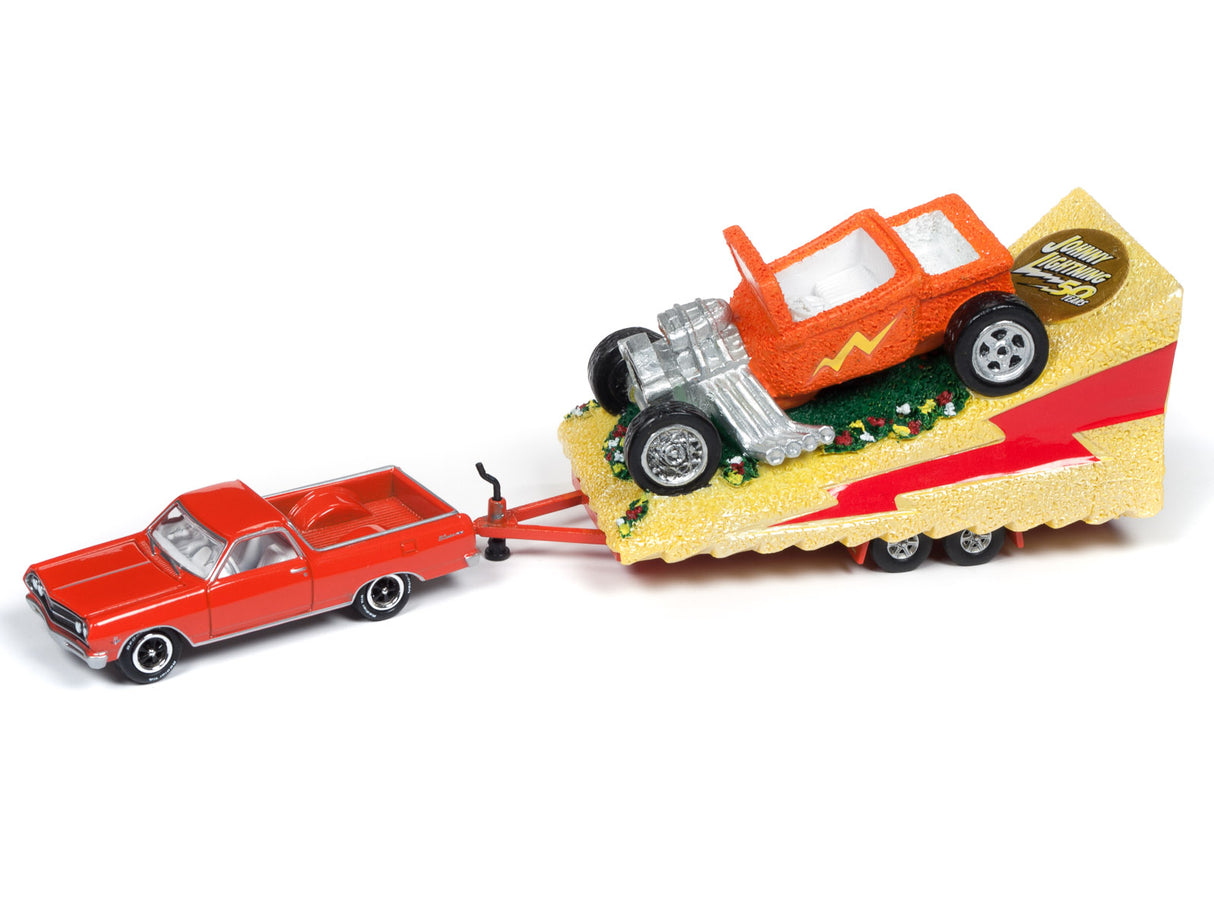 Toy car set: red car towing a decorated, stylized trailer for Johnny Lightning JLTG001b