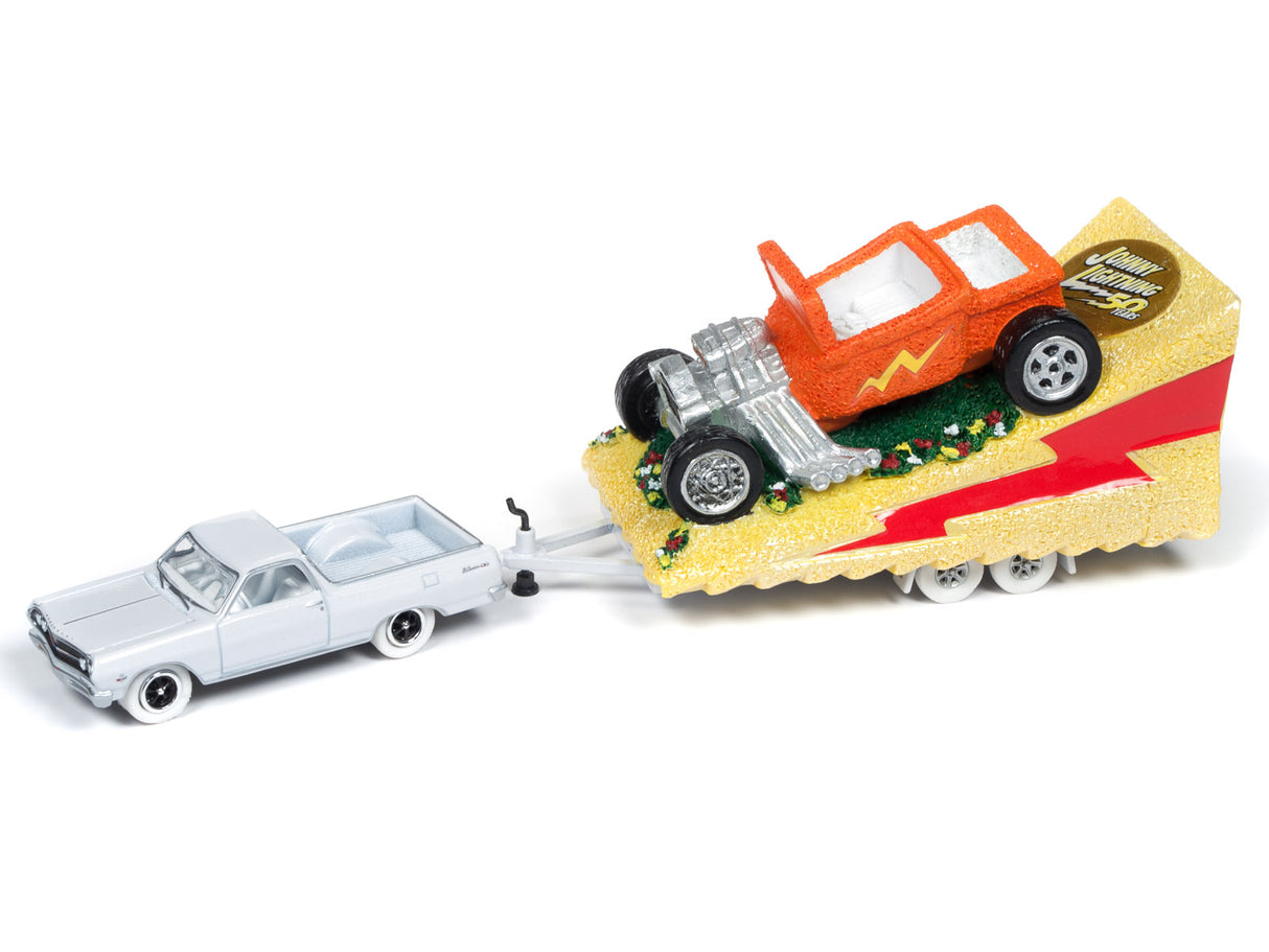 Toy car towing a decorated trailer with a small truck for Johnny Lightning JLTG001b