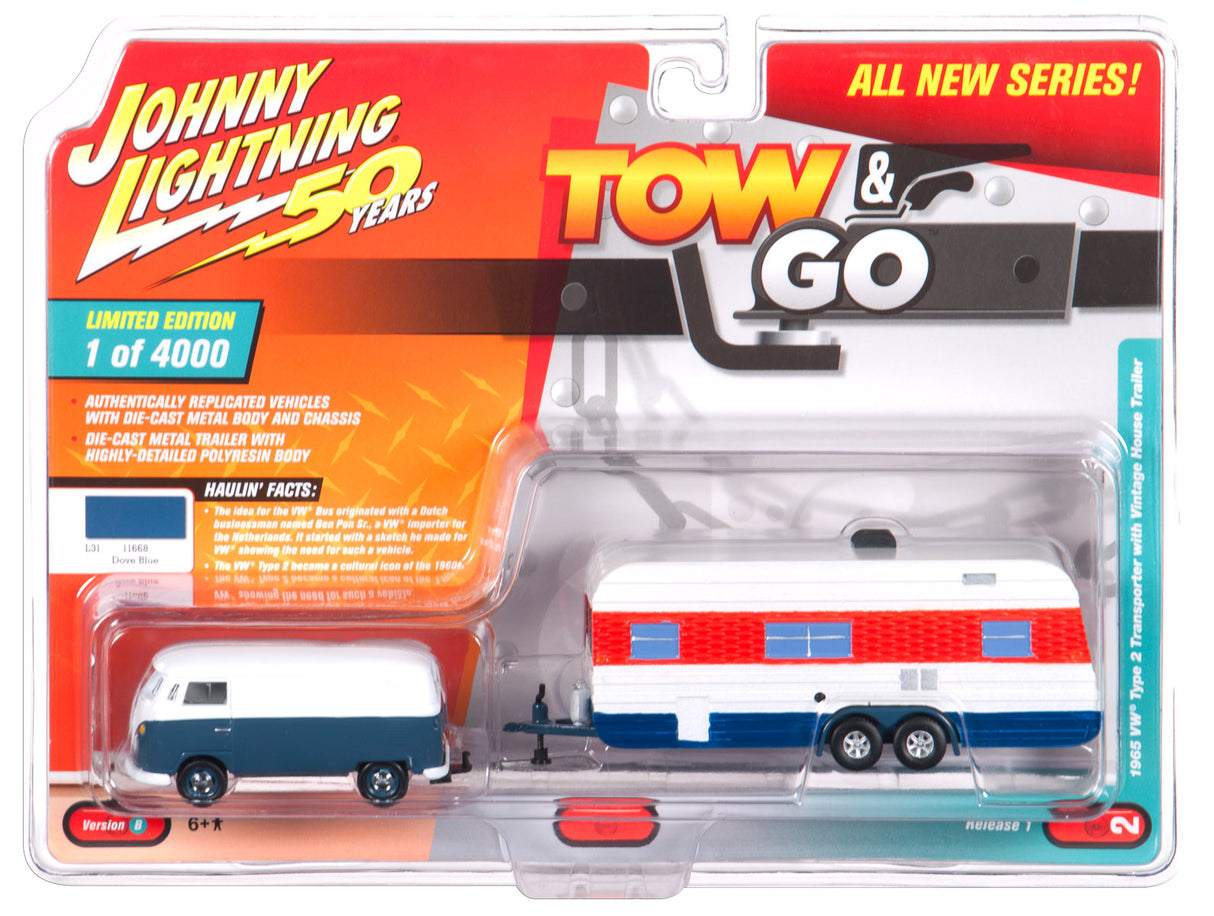 Tow & Go Johnny Lightning 50th Anniversary w/ Travel Trailer | JLTG001| Johnny Lightning-Round 2-1965 Volkswagen Transporter-ProTinkerToys