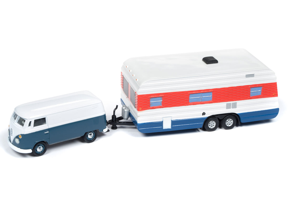 Toy model of a white and blue camper trailer being towed by a van for Johnny Lightning JLTG001b