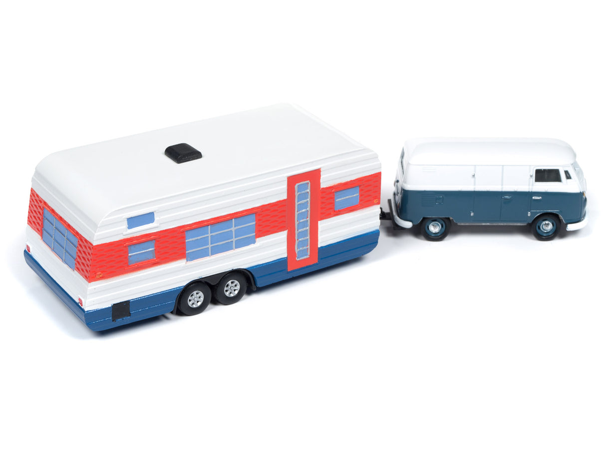 Toy trailer and vintage van toy set on white background for Johnny Lightning JLTG001b