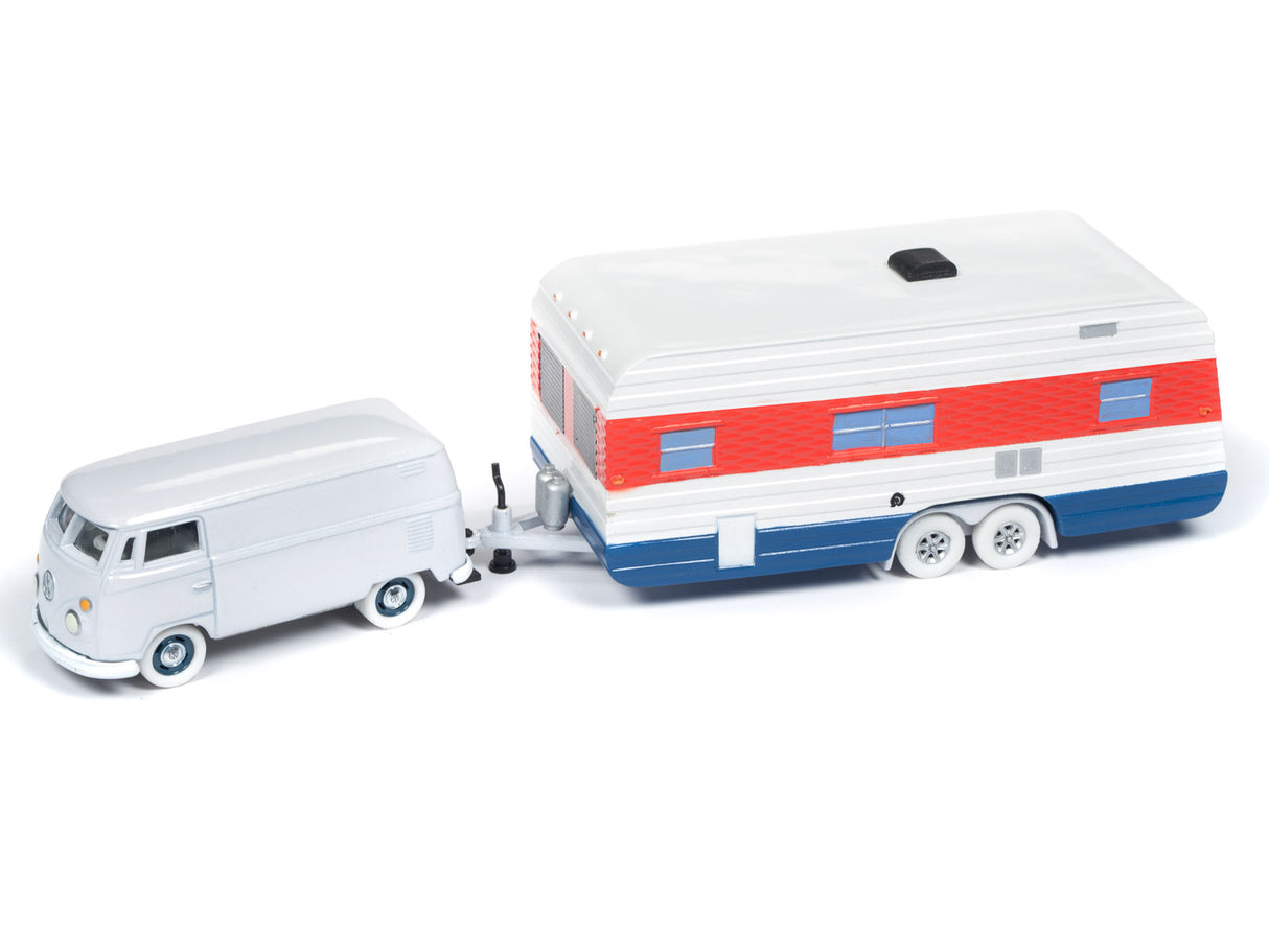 Toy model of a white van towing a white and red travel trailer for Johnny Lightning JLTG001b
