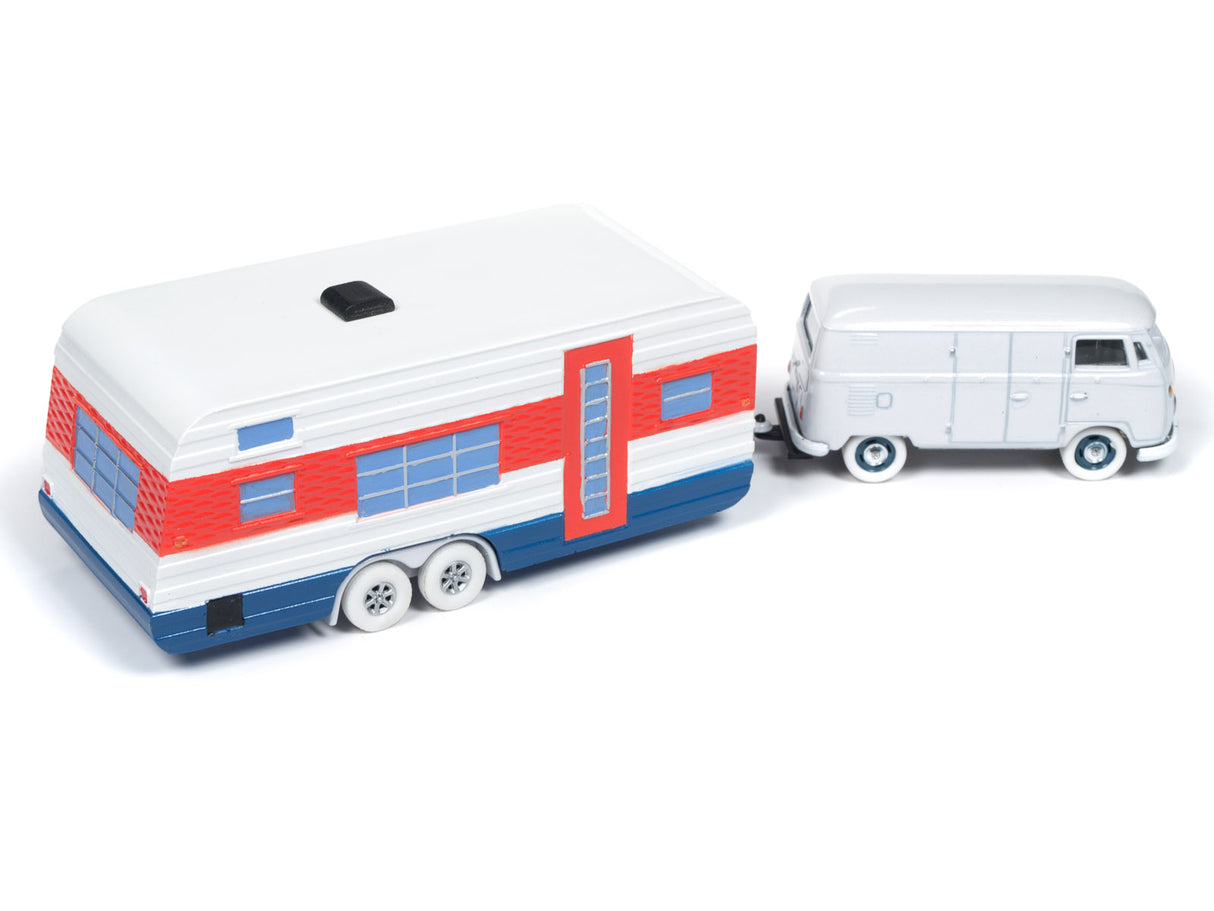 Toy trailer and small white camper van set against a white background for Johnny Lightning JLTG001b