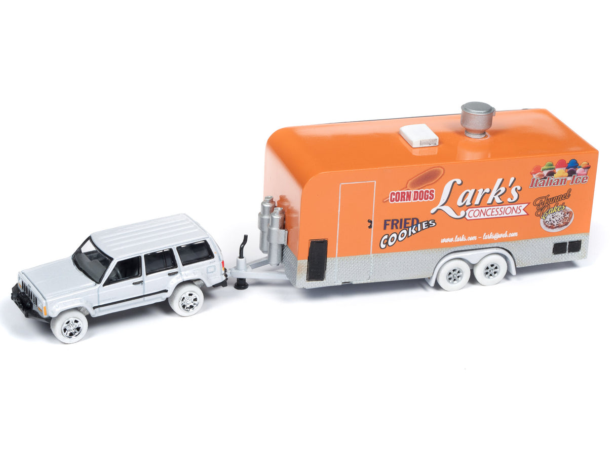 Toy food cart trailer being towed by a silver toy SUV for Johnny Lightning JLTG001b