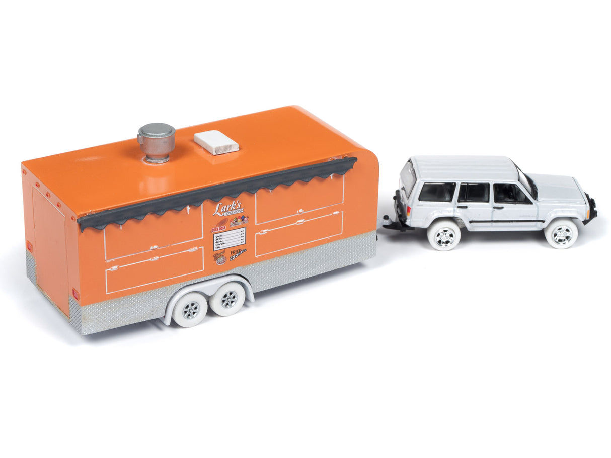 Orange trailer and white SUV toy set on white background for Johnny Lightning JLTG001b