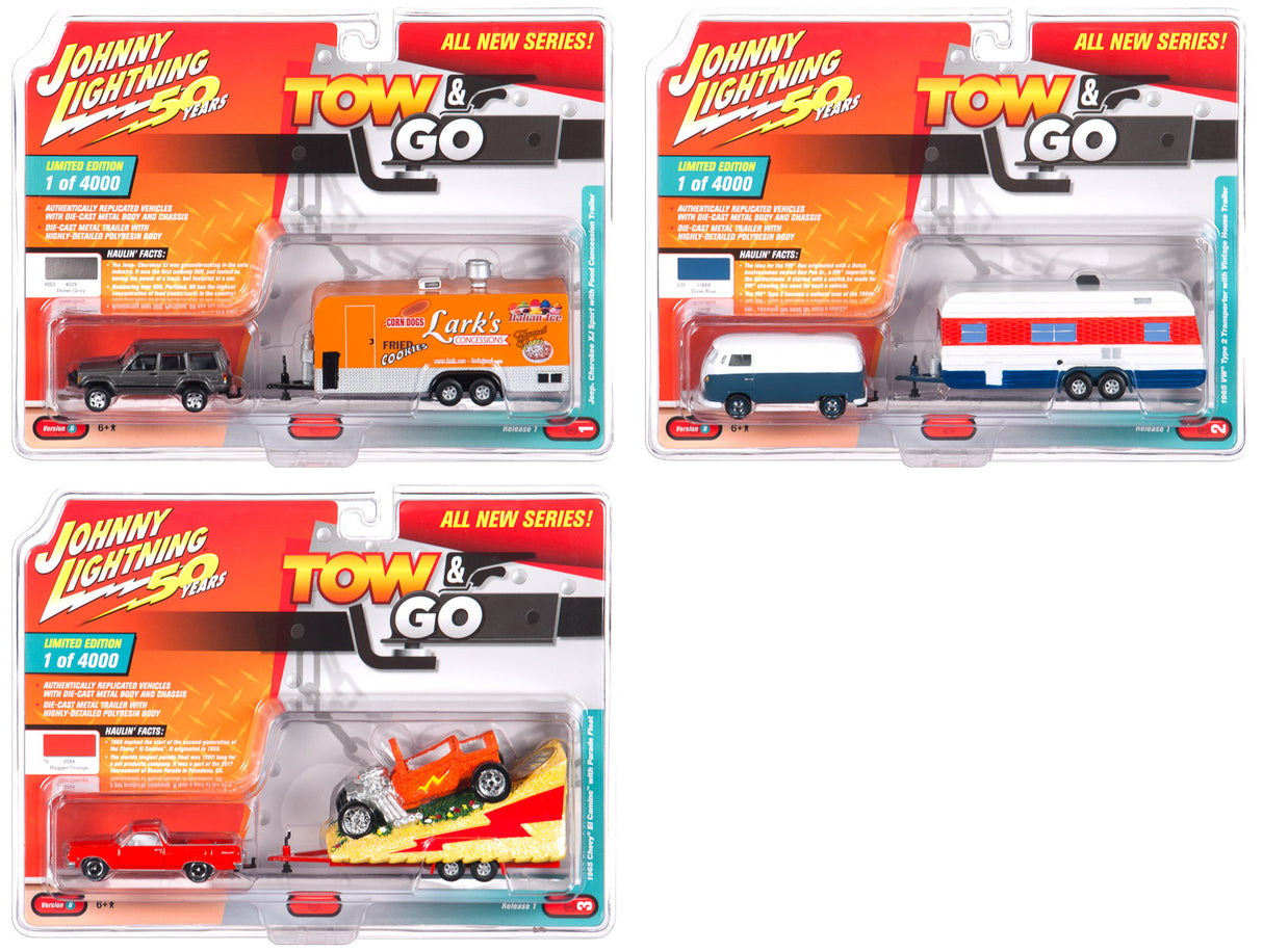Toy set featuring vehicles: tow truck, car, and RV for play for Johnny Lightning JLTG001b