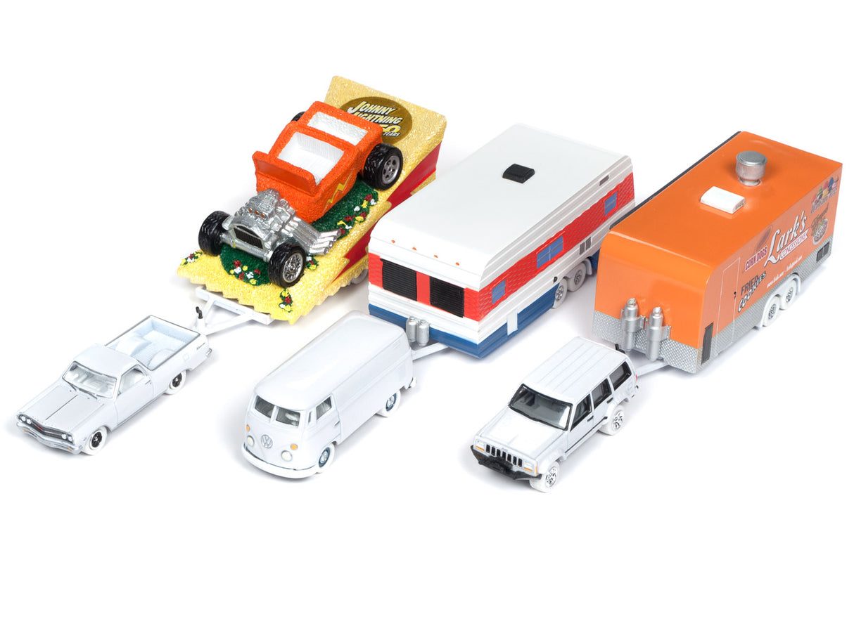 Toy set featuring various vehicles: tow truck, car, trailer, and utility vehicles for Johnny Lightning JLTG001b