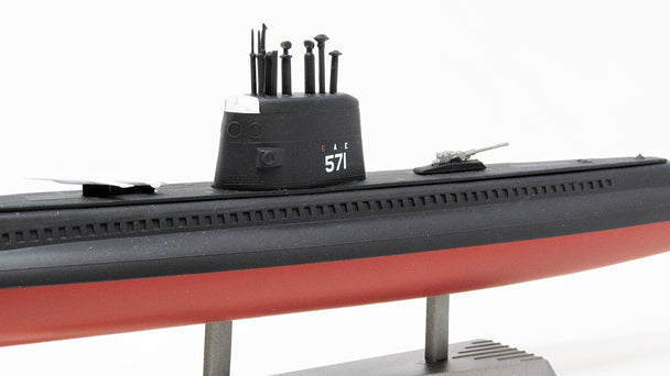 Submarine model detail showing a mounted conning tower with markings for Atlantis Model Co ALM750