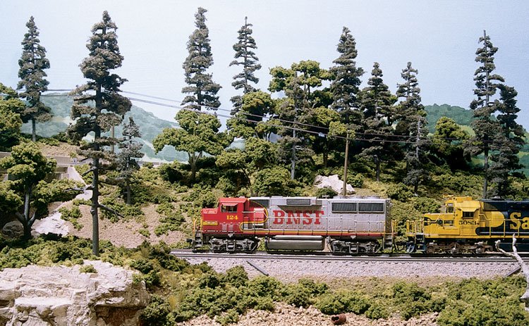Train engines on tracks surrounded by lush green trees and foliage for WoodLand LK953