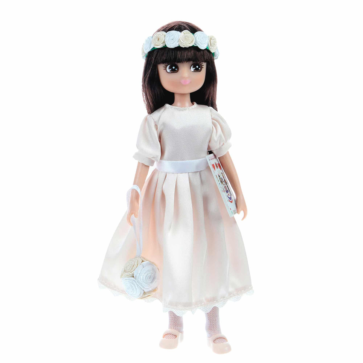 Doll wearing a floral crown and white dress, holding a bouquet for Lottie LT114