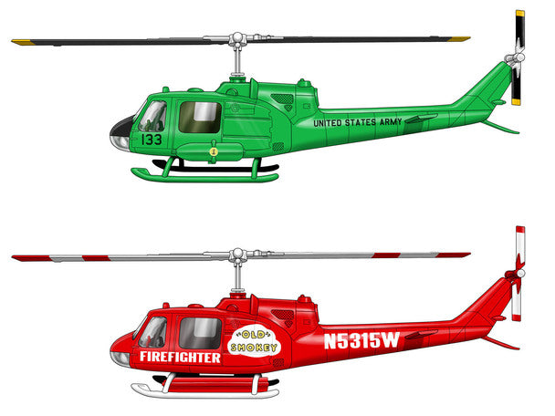 Two model helicopters: green Vietnam gunship and red firefighter Huey for Atlantis Model Co ALM1026