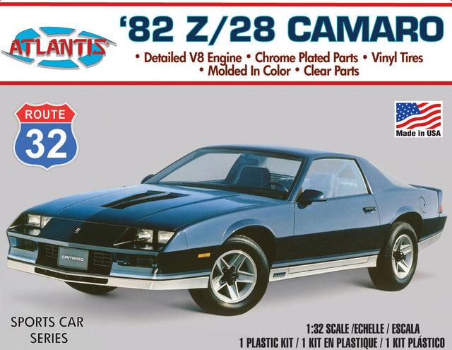 Blue 1982 Camaro Z-28 model kit, 1:32 scale plastic assembly for Atlantis Model Co ALM2004