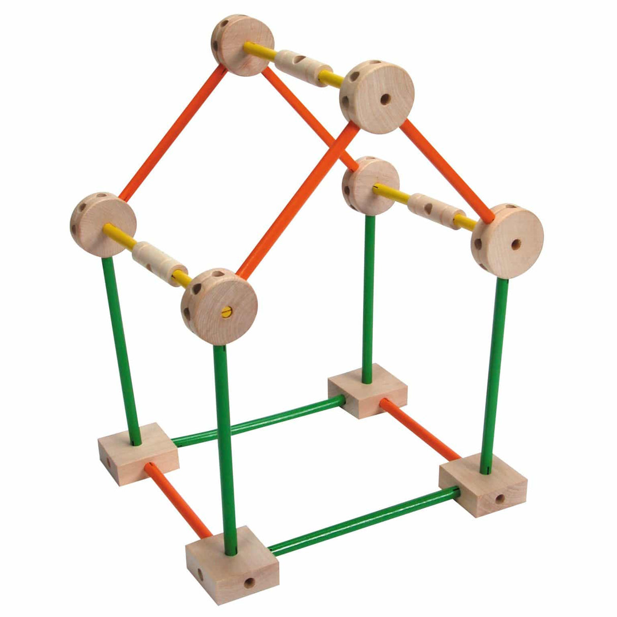 Wooden construction toy with connecting rods and circular pieces for Schylling MKT