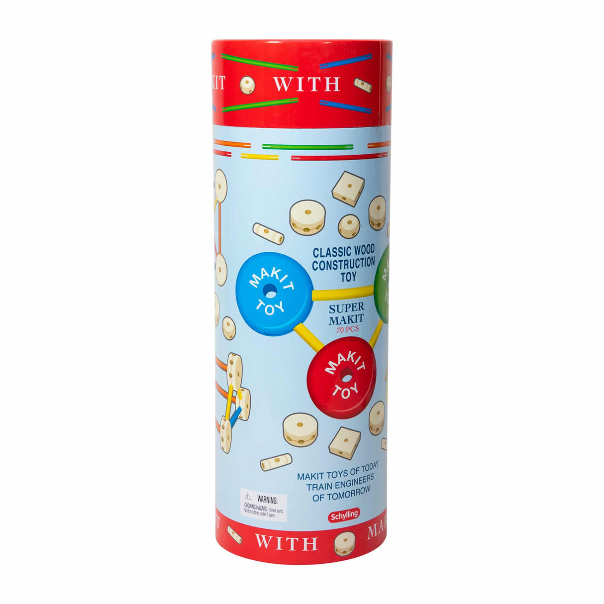 Wooden construction toy set in a red and white cylindrical box for Schylling MKT