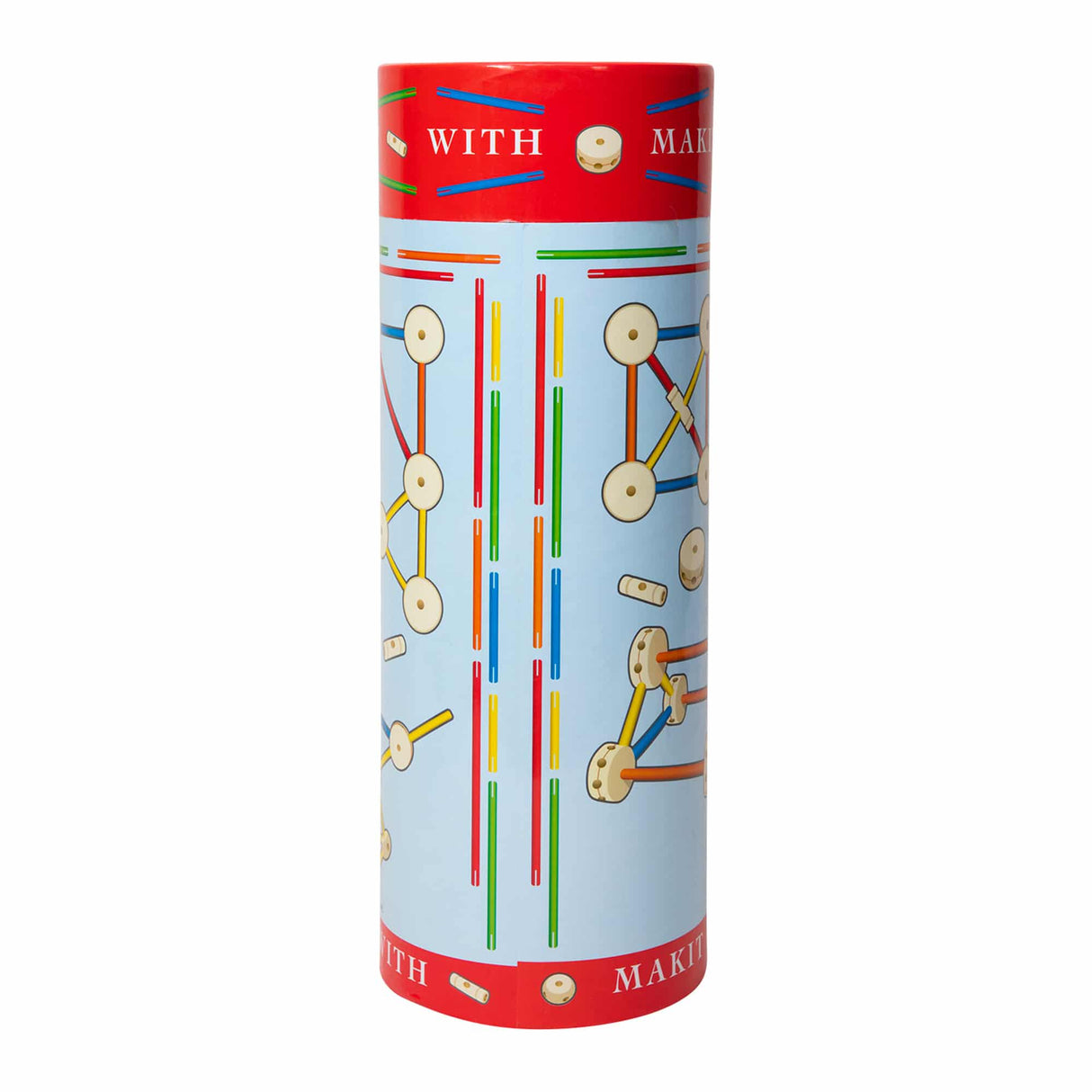 Colorful cylinder featuring mechanical toy designs and text for Schylling MKT