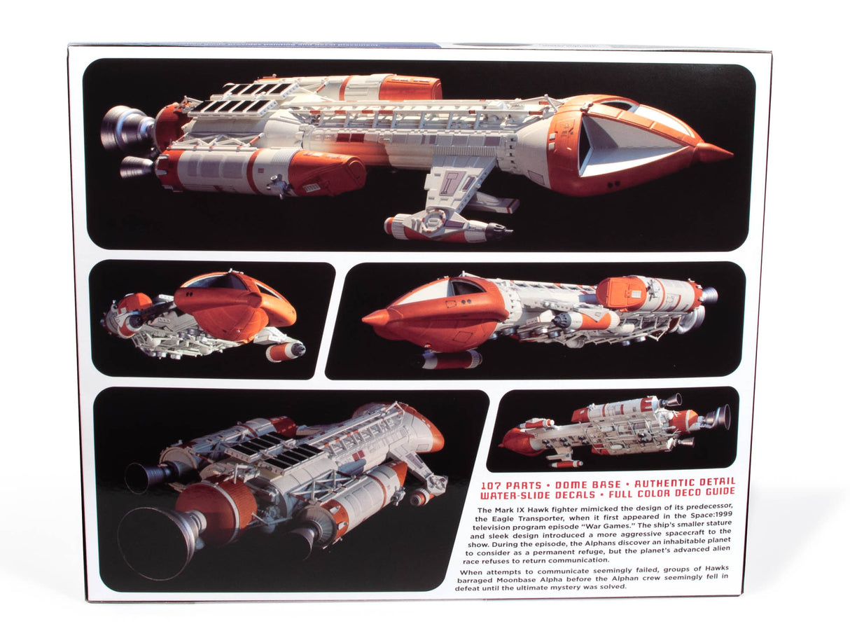 Model kit box art showing various views of the Hawk Mk IX spacecraft for MPC MPC947