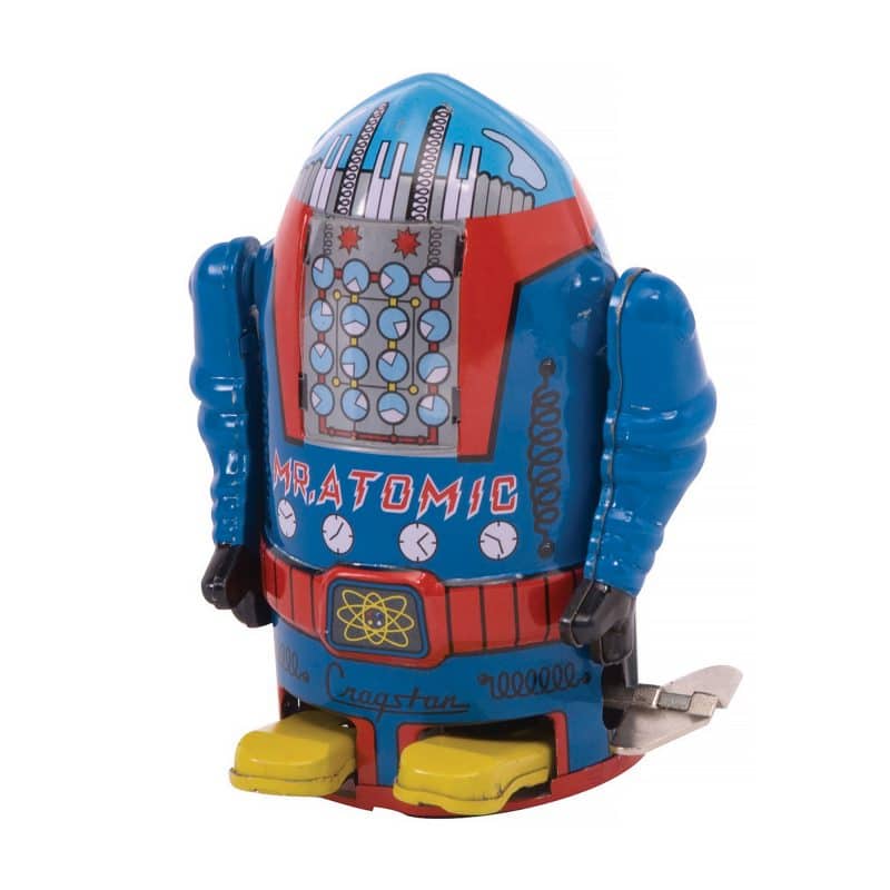 Blue and red Mr. Atomic robot toy figure with mechanical details for Schylling MS632