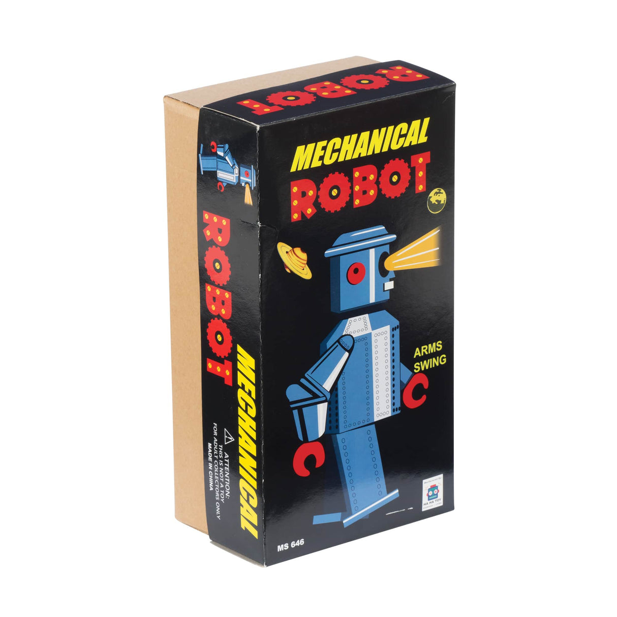 Boxed mechanical robot toy, featuring articulated arms and swinging action for Schylling MS646