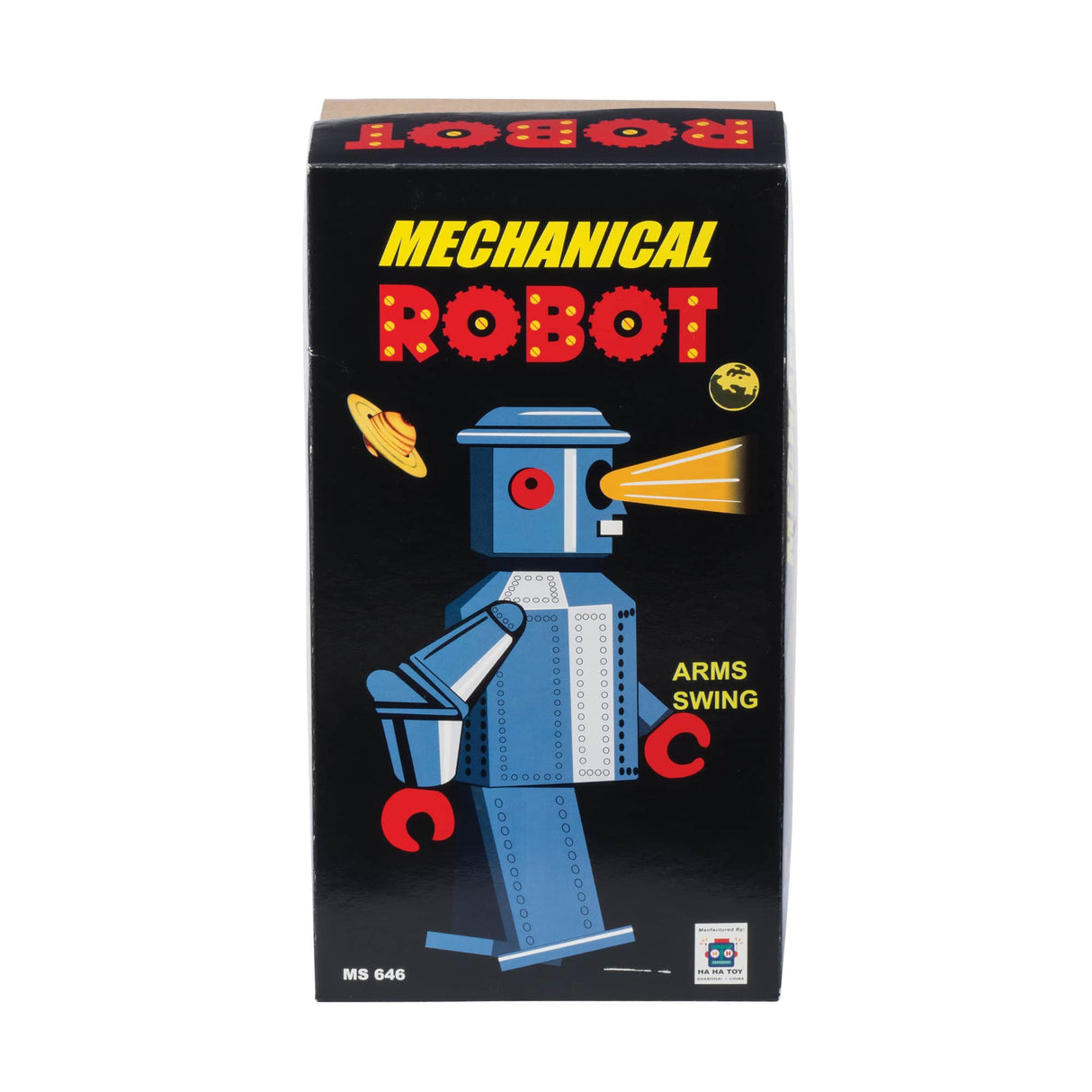 Toy box for a mechanical robot with arms and swing action for Schylling MS646