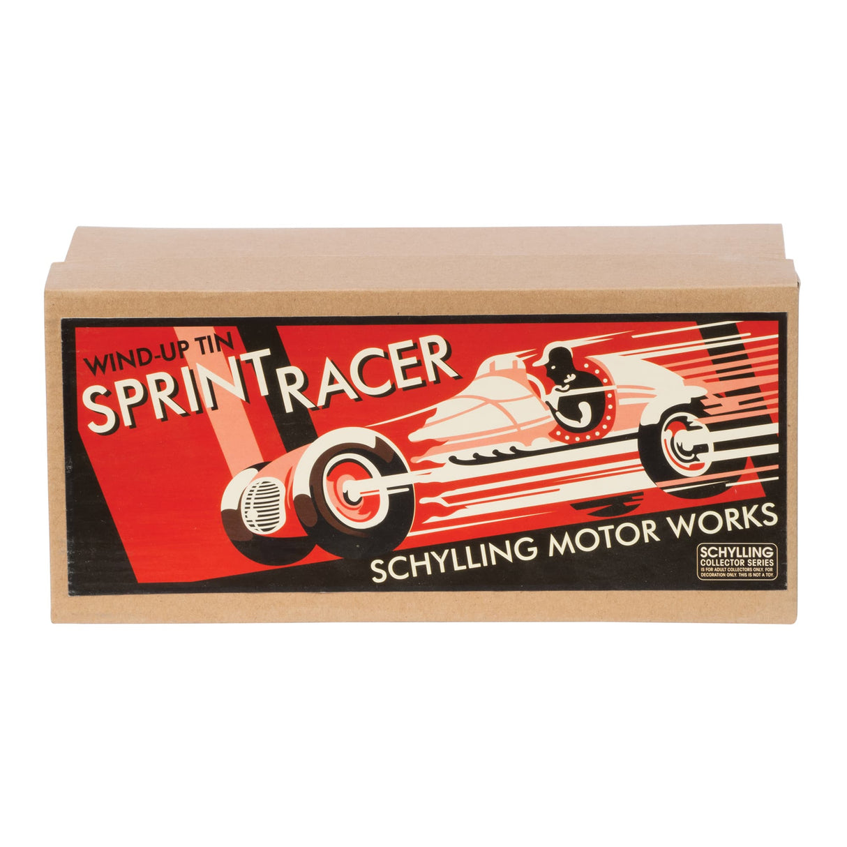 Wind-up race car toy box featuring a red and white sprint racer design for Schylling MS648