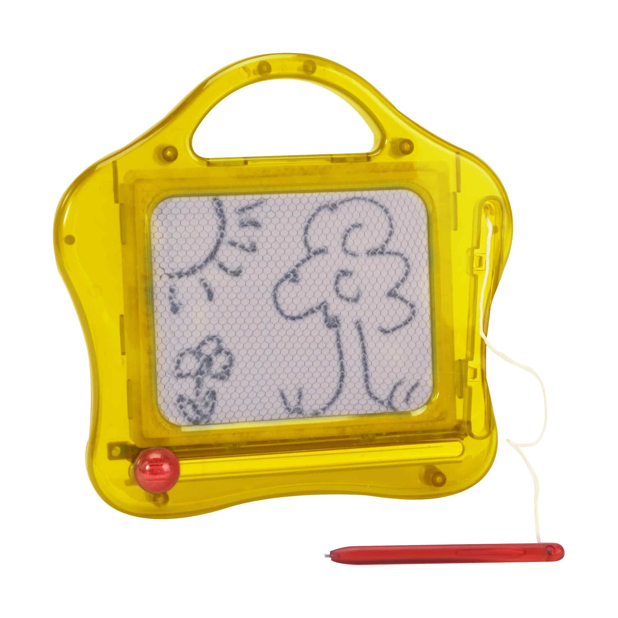 Yellow magnetic drawing board with attached red stylus for drawing for Schylling MSK