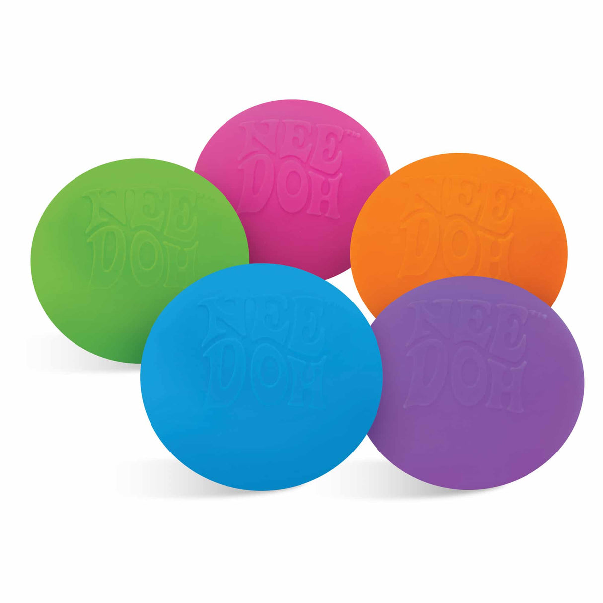 Assortment of colorful, squishy stress balls with "NeeDoh" text for Schylling ND
