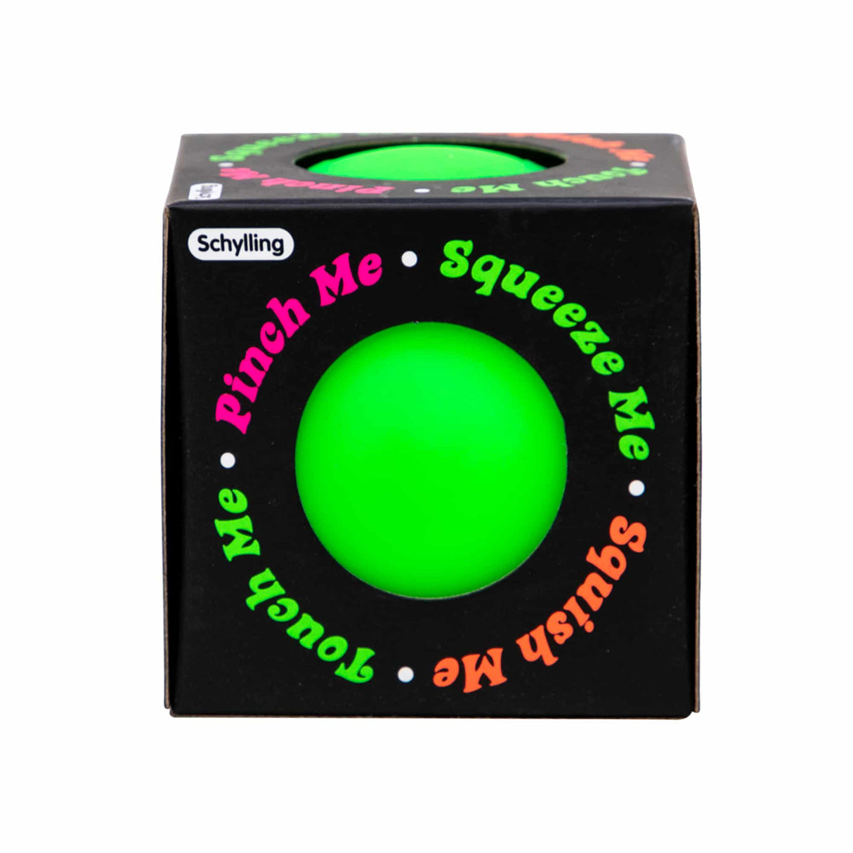 Black box toy with green squishy center, featuring "Pinch Me," "Squeeze Me," and "Touch Me" text for Schylling