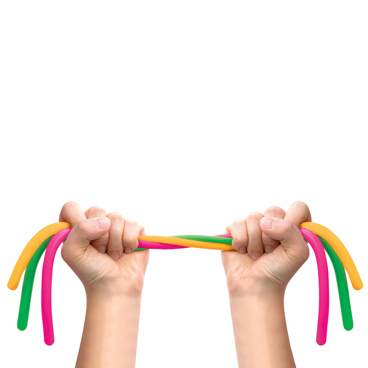 Hands holding colorful, noodle-like strands against white background for Schylling NL