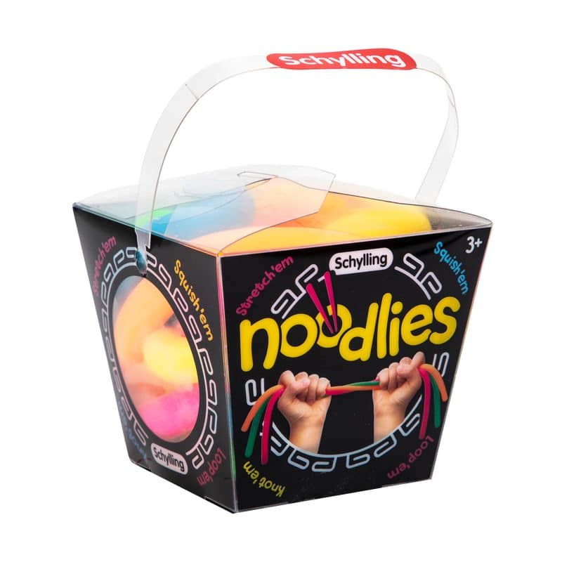 Colorful squishy noodle toy set in a box with a carrying handle for Schylling NL