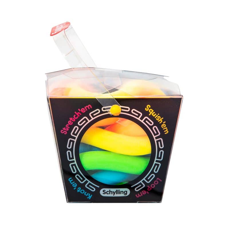 Colorful, squishy, stretchy toy packaged in a black cardboard box for Schylling NL