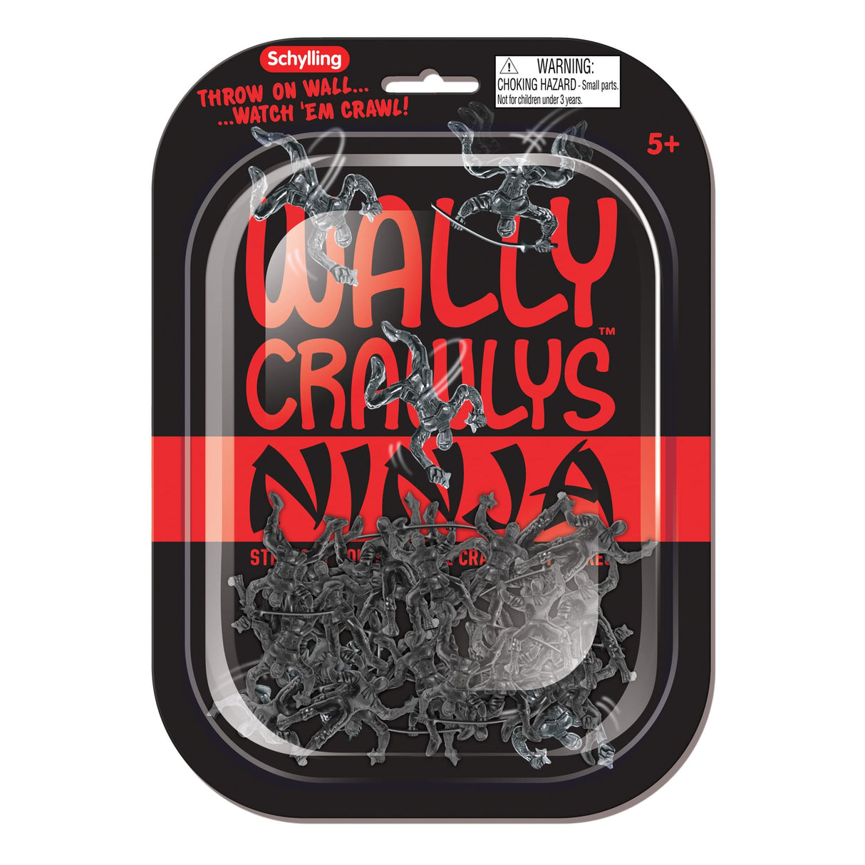 Toy packaging showing small, crawling ninja figures for play for Schylling NWC