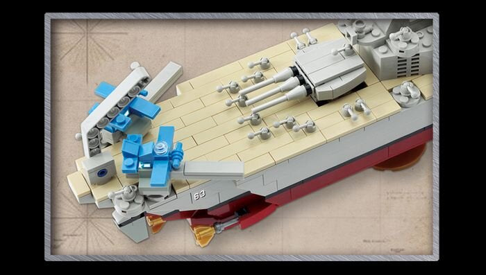 Model of the USS Missouri battleship, BB-63, built with building blocks for Oxford OXF35215, rear view