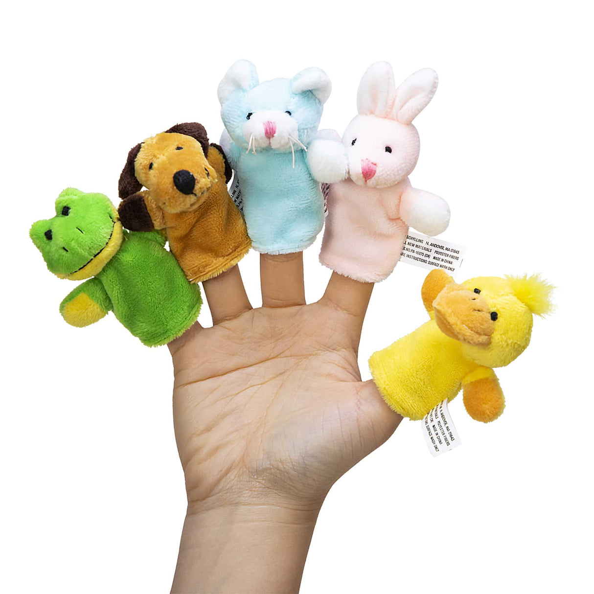Assortment of colorful plush finger puppets on a hand for Schylling PFP