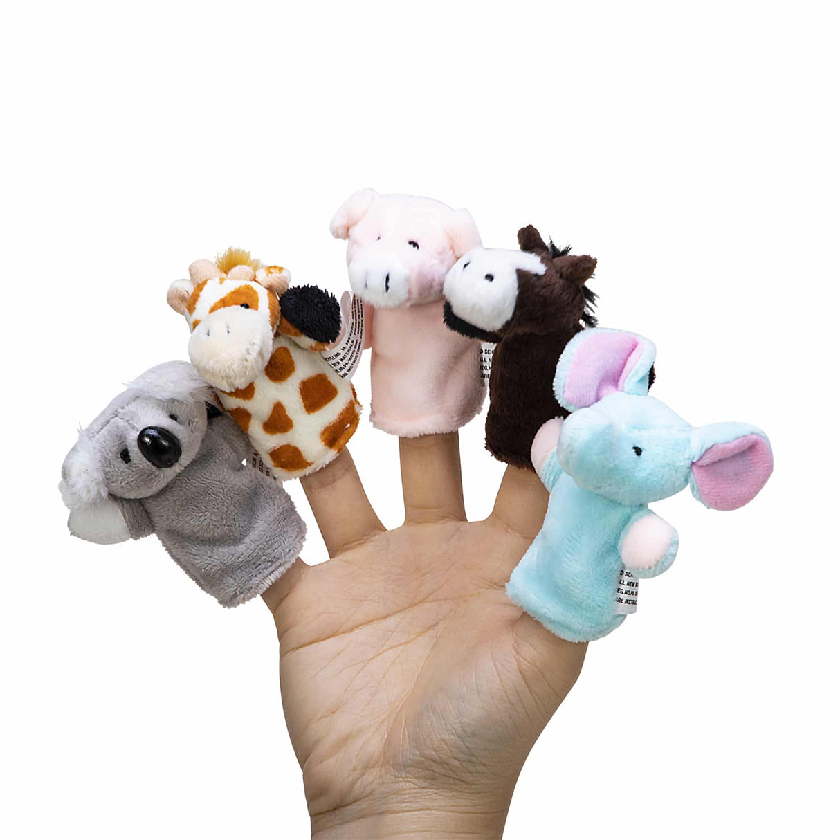 Assortment of animal finger puppets on a hand for Schylling PFP, rear view