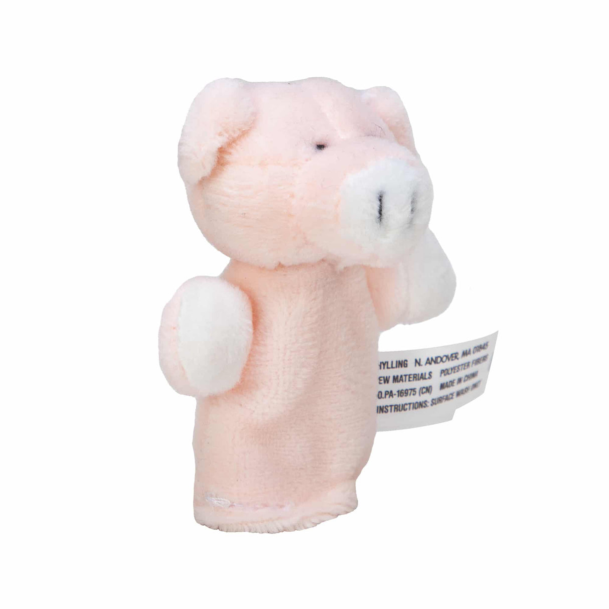 Soft, pink plush pig finger puppet with attached tag for Schylling PFP