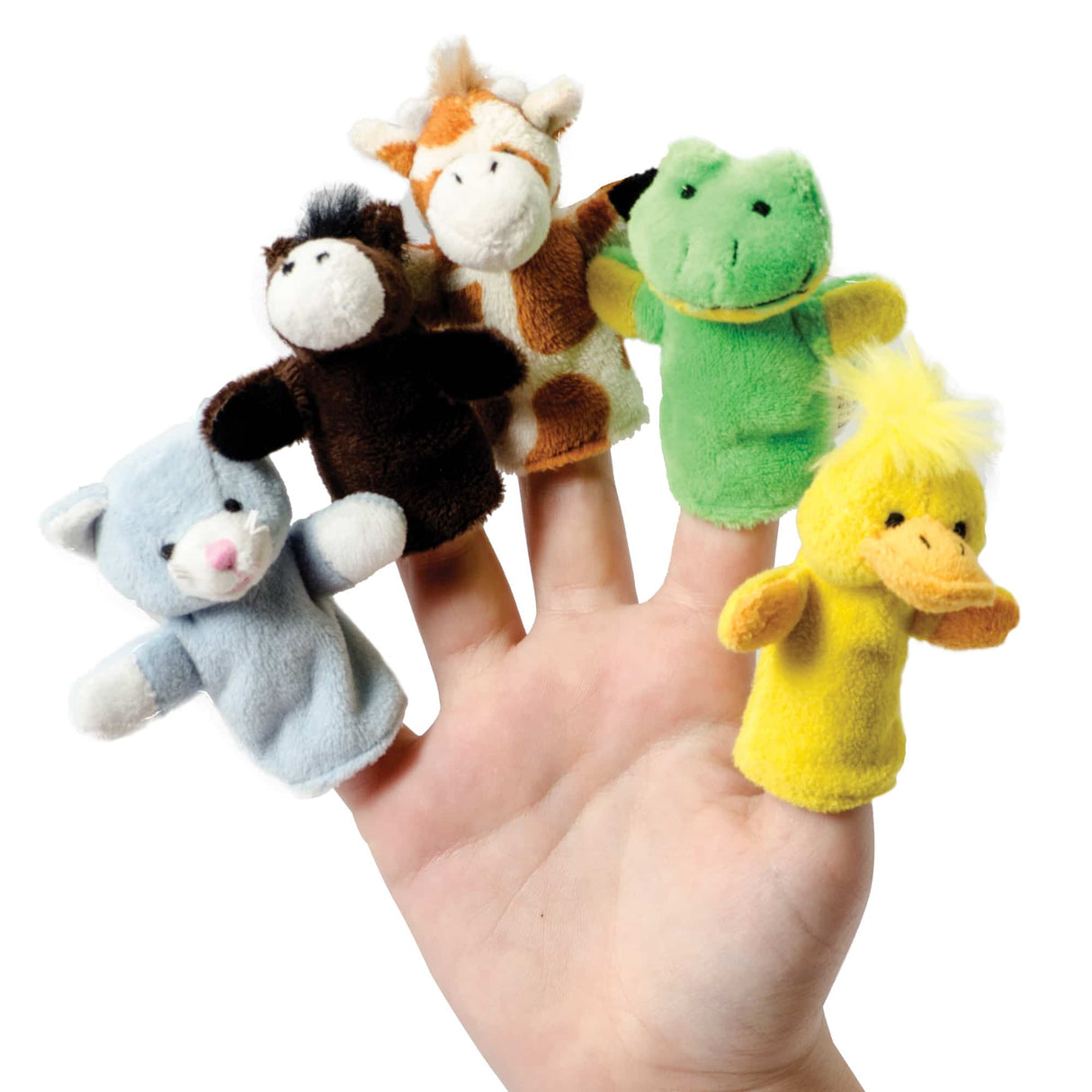 Assortment of animal finger puppets on a hand for Schylling PFP, front view