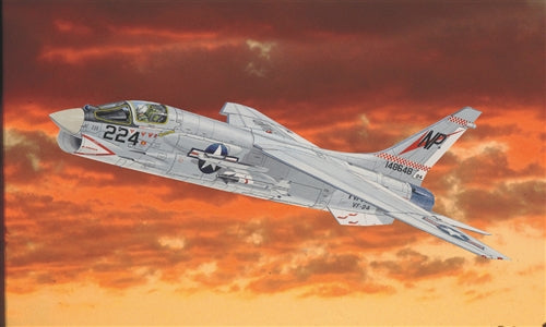 F-8 Crusader jet model in flight against a dramatic sunset sky for Italeri Model. Co 1230