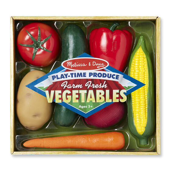 Assortment of play food vegetables: tomato, zucchini, red pepper, corn, and carrot for Melissa and Doug 4083