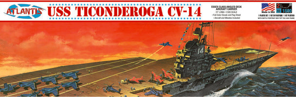Carrier model kit art showing USS Ticonderoga CV-14 launching aircraft for Atlantis Model Co ALM611