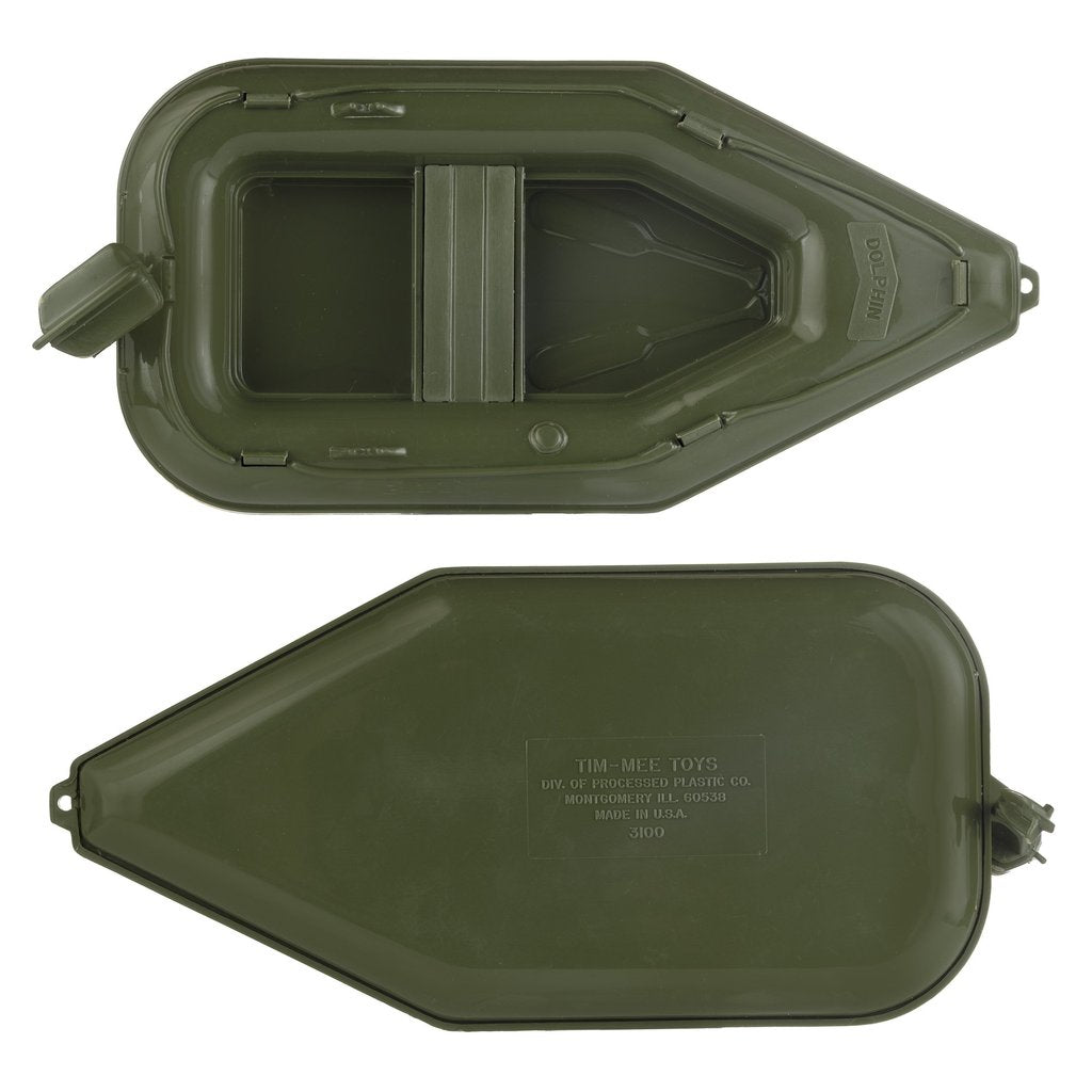 Olive green toy boat and raft set, open view for Tim Mee 03100