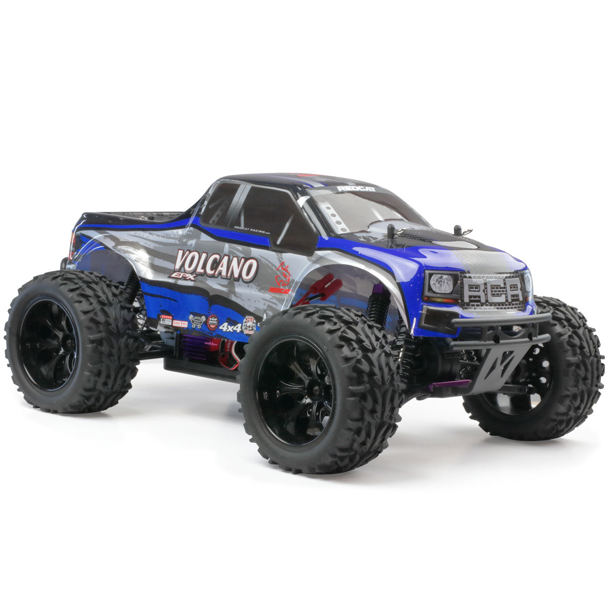 Blue and black electric monster truck with large off-road tires for RedCAT VOLCANOEP-94111-BS-24