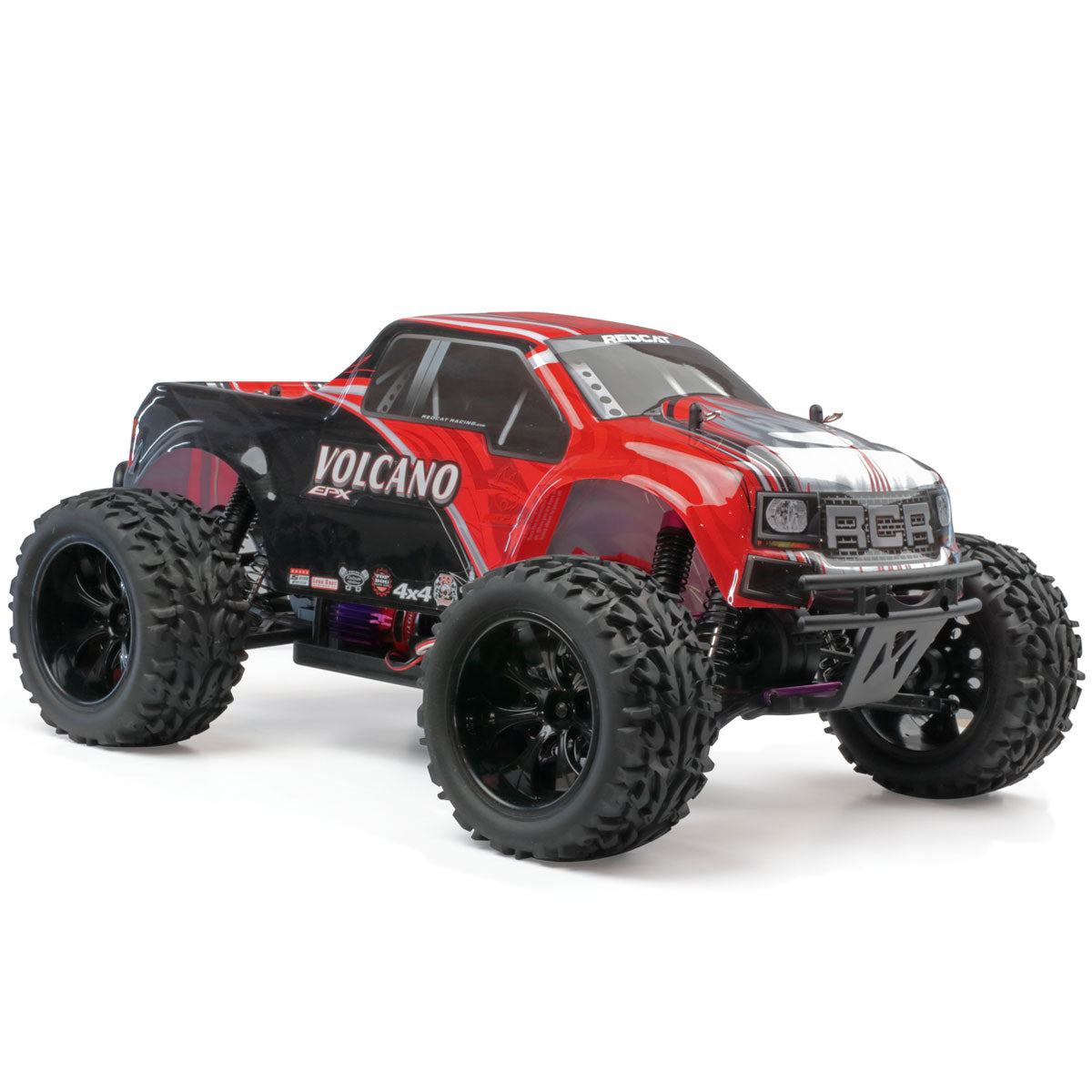 Red and black electric monster truck with large off-road tires for RedCAT VOLCANOEP-94111-BS-24, rear view