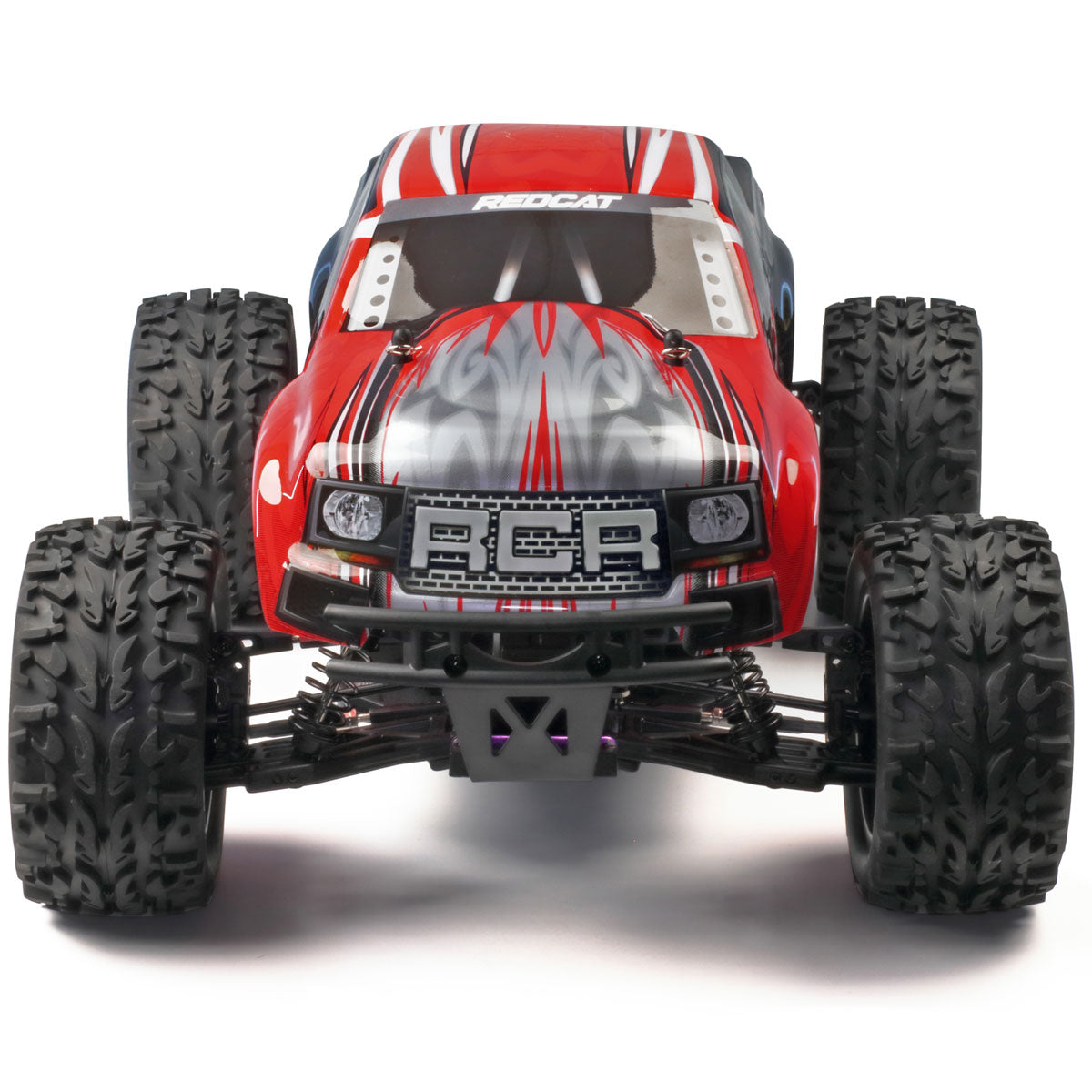 Red monster truck with large tires and red/black graphics for RedCAT VOLCANOEP-94111-BS-24