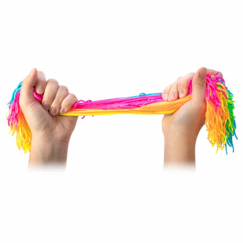 Colorful, noodle-like strands held out by two hands for Schylling RNL